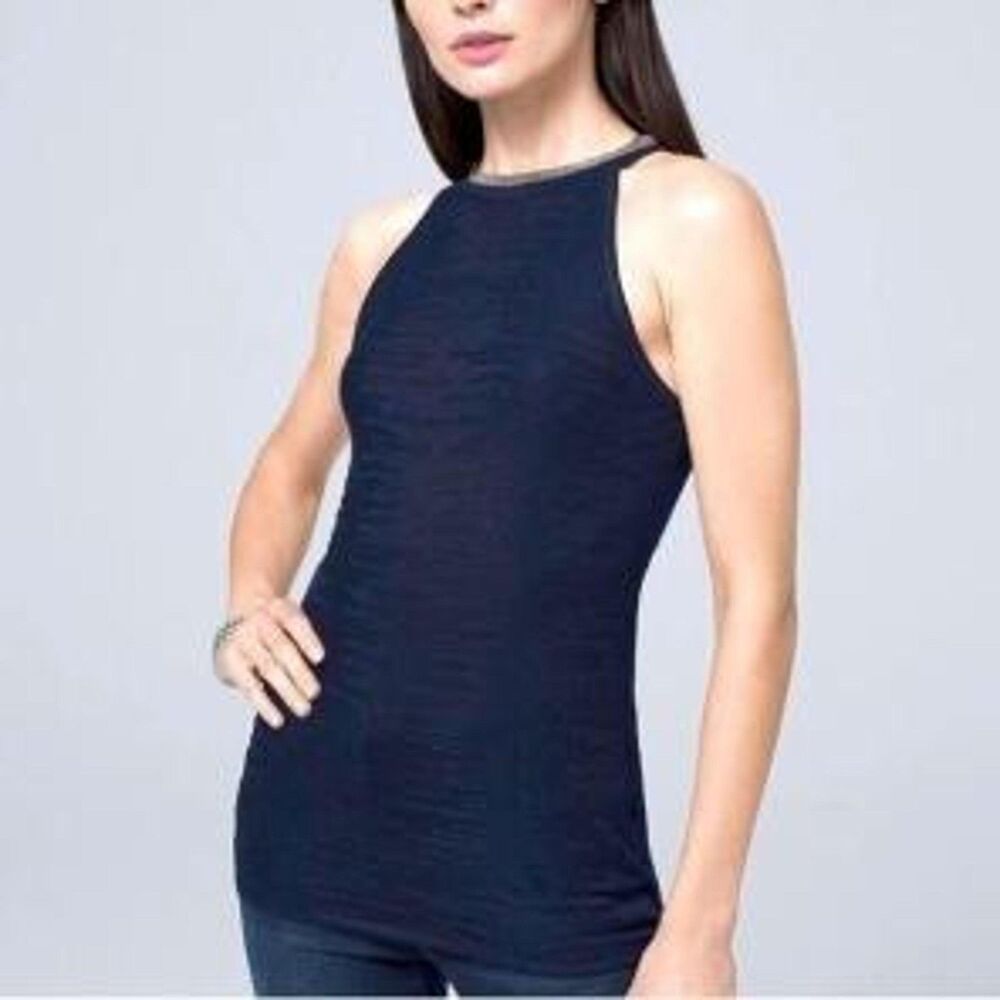 White House Black Market WHBM Knit Halter Tank High Neck Navy Womens XS